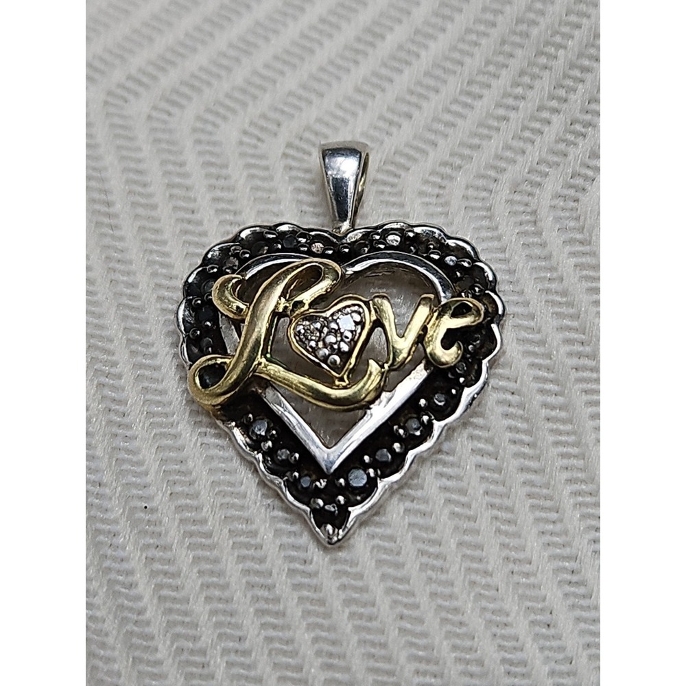 Zales Sterling Silver Heart Pendant LOVE Spell Out Black Diamond 1" Vintage - Picture 6 of 6